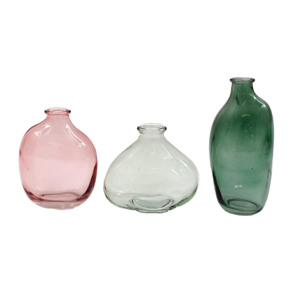 3 Coloured Glass Vases in pinks and Greens