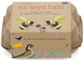 Box of six seed balls with pictures of bees, birds and flowers on the egg-style box