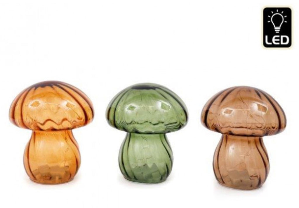 Three colourful glass mushroom-shaped lamps on a white background with an LED indicator.