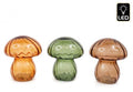 Three colourful glass mushroom-shaped lamps on a white background with an LED indicator.
