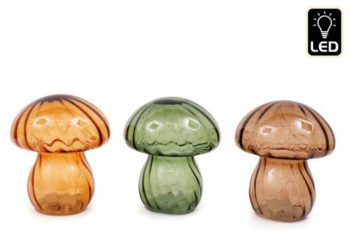 Three colourful glass mushroom-shaped lamps on a white background with an LED indicator.