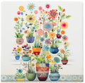 Drinks coaster with colourful garden pots and an array of flowers.