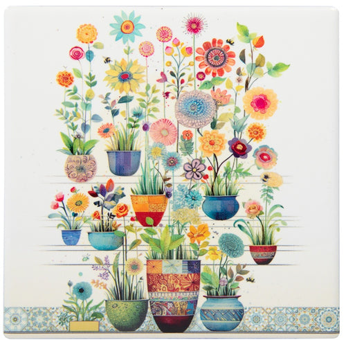 Drinks coaster with colourful garden pots and an array of flowers.