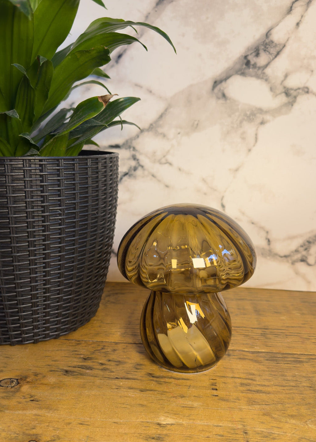 Glass mushroom-shaped lamp in Brown colour on a wooden surface with a plant and marble wall in the background