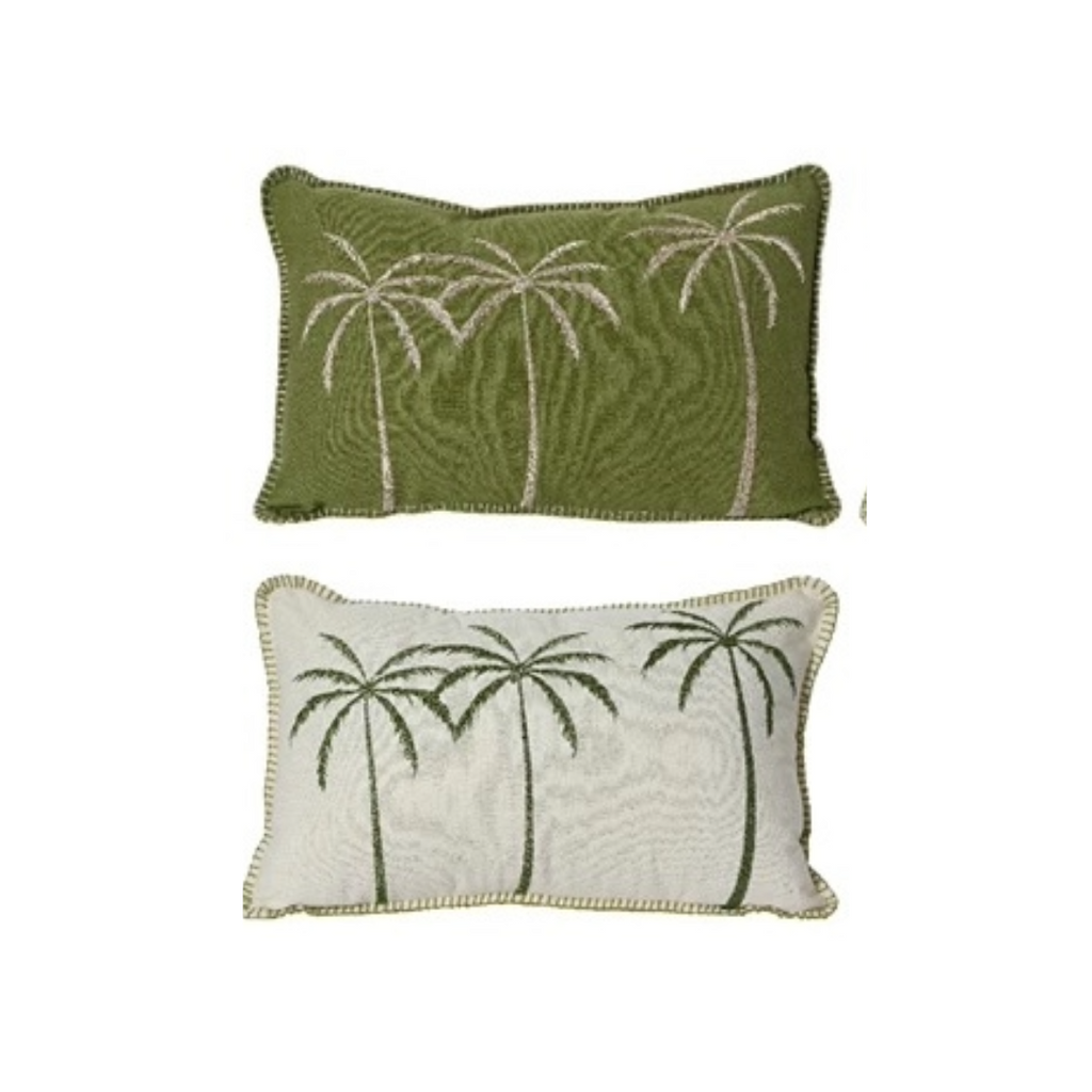 2 cushions in green / cream with 3 palm trees on each